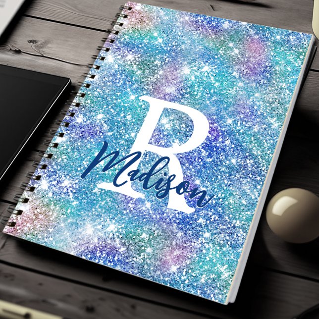 Carnet Joli monogramme licorne iridescent pailleté bleu r (Créateur téléchargé)