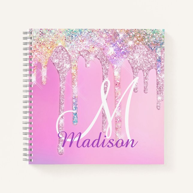Carnet Joli monogramme N Licorne Rose Paillettes de Rainb (Devant)