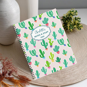 Carnet Joli nom de script monogrammé de cactus pastel 
