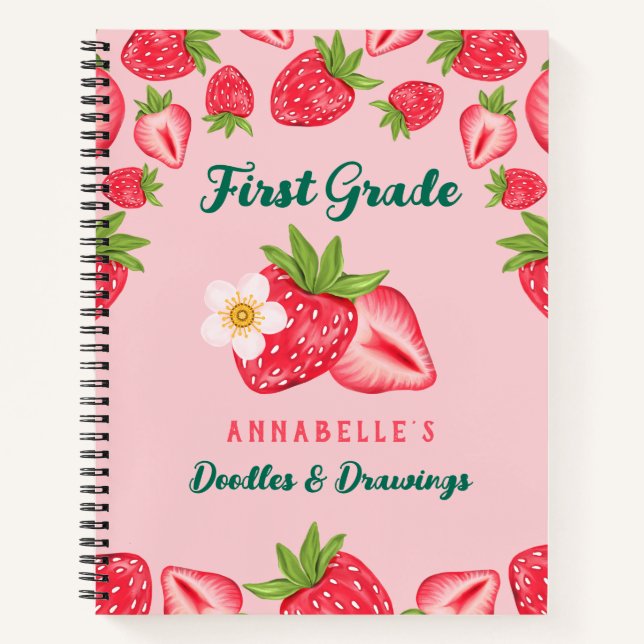 Carnet Joli nom personnalisé fraise rose école primaire E (Devant)