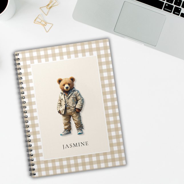 Carnet Joli ours en peluche personnalisé  (cute personalized teddy notepad with a neutral beige plaid background)