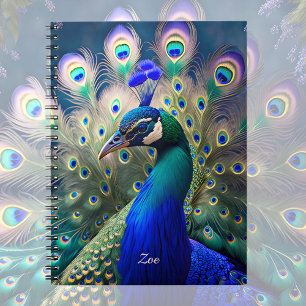 Carnet Joli paon avec plumage turquoise et or