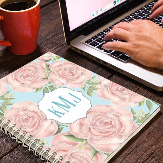 Carnet Joli rose rose floral Monogramme Roses botaniques (Pretty pink floral rose pattern with greenery and monogram )