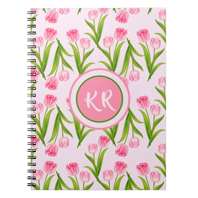 Carnet Joli Tulipe rose Fleurs Florales Feuille Monogramm (Devant)