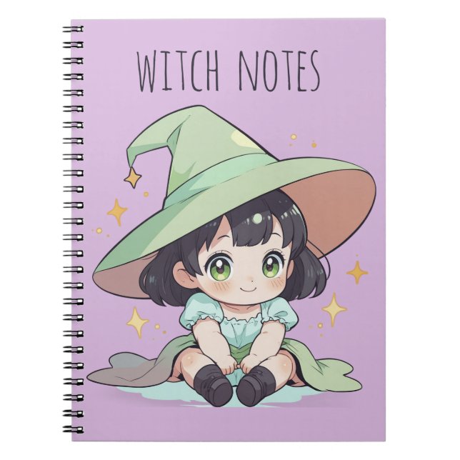 Carnet Joli Vert Kawaii Baby sorcière fille Spiral (Devant)