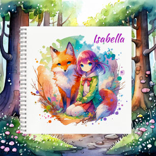 Carnet Jolie aquarelle Anime Girl et Fox Anniversaire