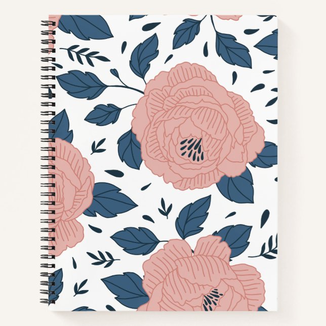 Carnet Jolie aquarelle fleurs l Rose et marine sur blanc (Devant)
