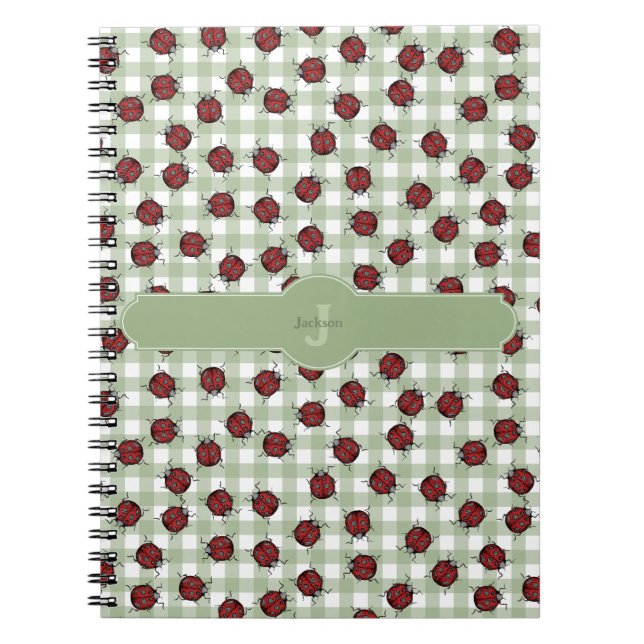 Carnet Jolie coccinelle motif vichy vert monogramme nom (Devant)