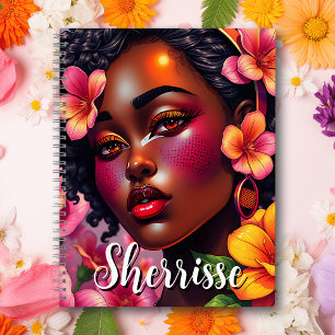 Carnet Jolie Dame de Couleur Fleurs Roses Personnalisées
