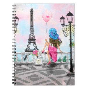 Carnet Jolie femme et ballon de coeur rose - I Love Paris