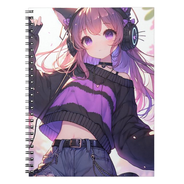 Carnet Jolie fille Anime dans casque avec oreilles de cha (Devant)