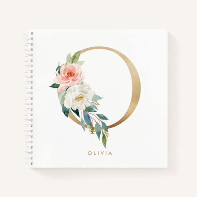 Carnet Jolie Florales Faux Gold Foil Lettre O Monogramme (Devant)