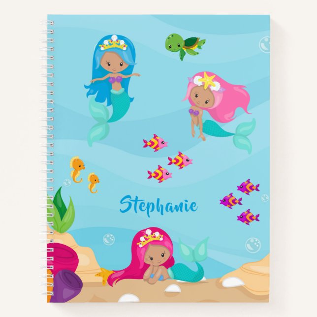Carnet Jolie sirène personnalisée fille sous la mer (Devant)