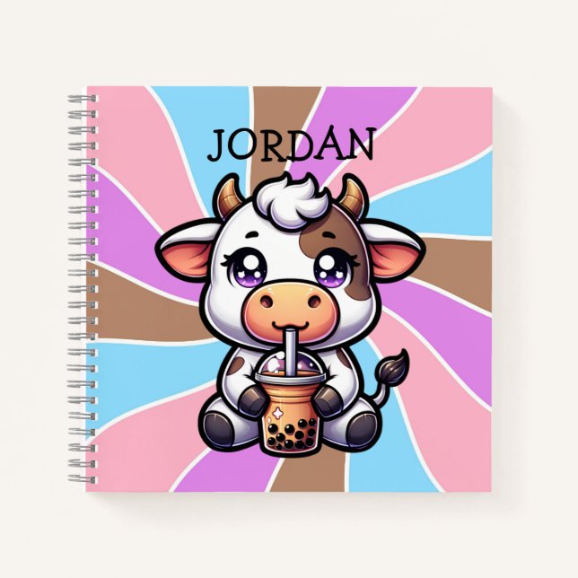 Carnet Jolie vache bébé Boire Boba Kawaii Cartoon (Devant)