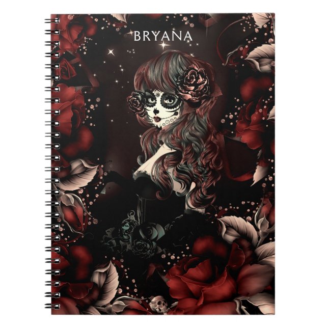 Carnet Jour de la mort Mexicaine crâne sucre fille Roses  (Devant)