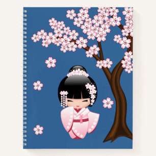Carnet Kimono rose Kawaii Poupée Kokeshi sur fond bleu