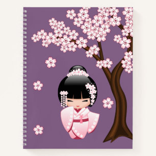 Carnet Kimono rose Kawaii Poupée Kokeshi sur fond violet