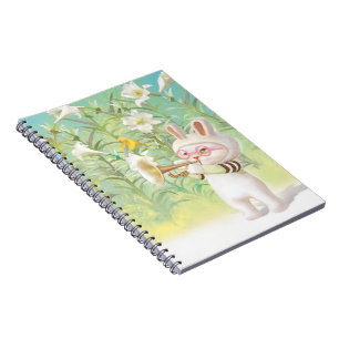 Carnet Lapin bébé trompettiste avec oiseau dans un jardin