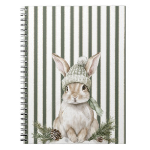 Carnet Lapin de Noël aux rayures vert olive et crème