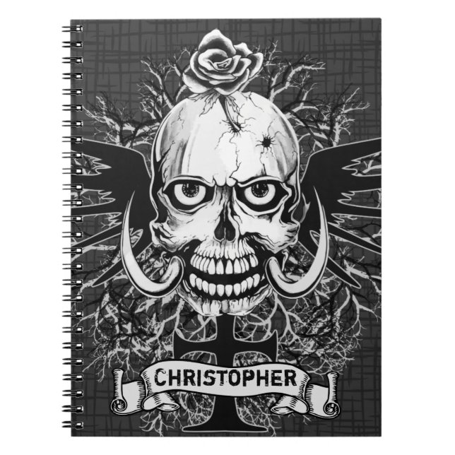 Carnet Le crâne avec s'est levé, des klaxons, croix, (Devant)