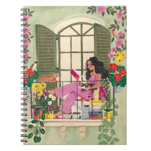 Carnet Lecture de filles sur le balcon d'été avec chats