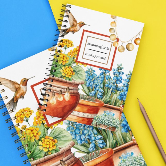 Carnet Les colibris dans le jardin | Fleurs Plantes point (Hummingbird with terracotta pots and plants and flowers on a gratitude journal you customize.)
