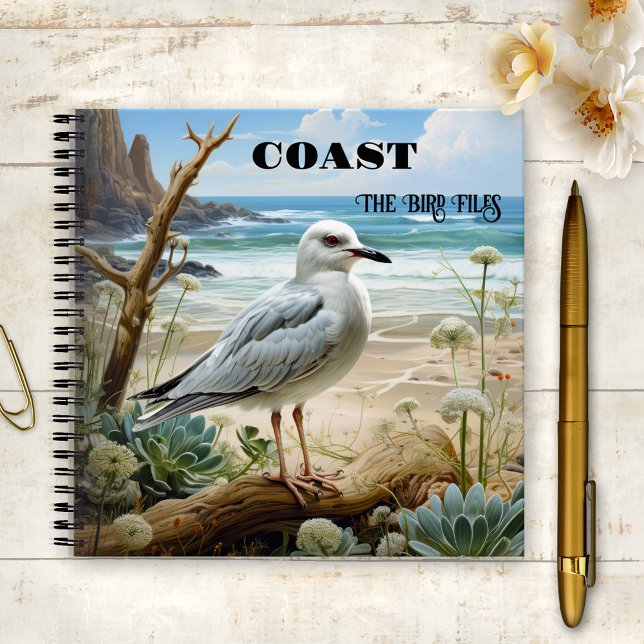 Carnet Les Dossiers d'Oiseaux de la Côte aux Mouettes (Notebook featuring a painting of a seagull overlooking a beach and ocean - beach house - bird watch)