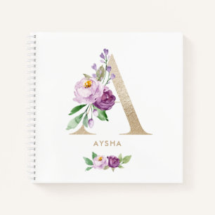Carnet LETTRE D'HUILE D'OR Floral Beau Violet A Monogramm
