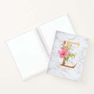 Carnet Lettre E Monogramme Doré Aquarelle Marbre Moderne