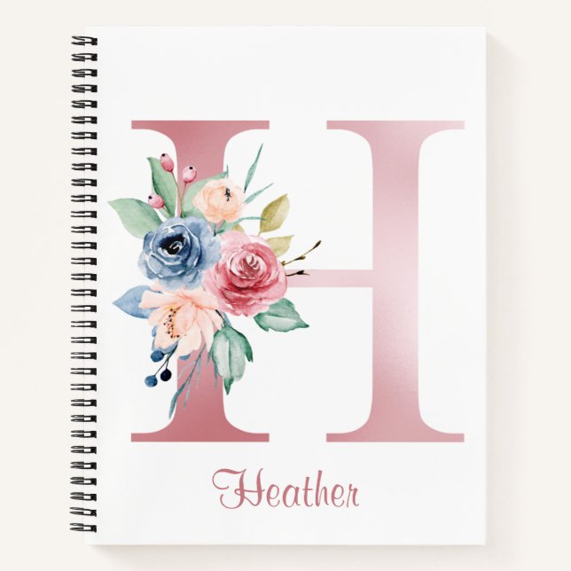 Carnet LETTRE Faux Pink Foil H Blush Monogramme Floral (Devant)