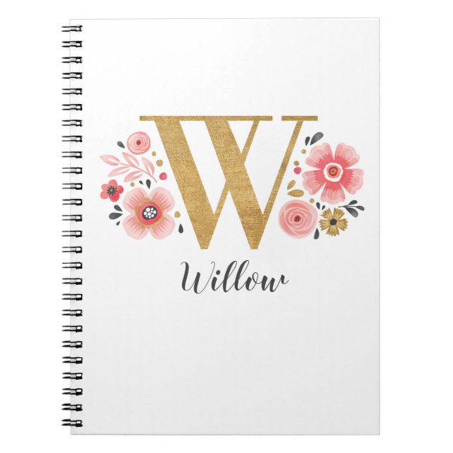 Carnet Lettre or rose monogramme florale W (Devant)