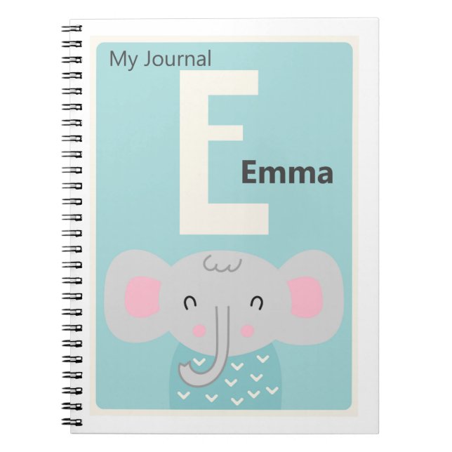Carnet Lettre personnalisée E | Cute Elephant Kids Journa (Devant)