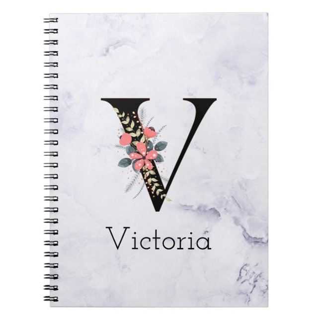 Carnet Lettre "V" Boho Floral Marbre blanc Monogramme (Devant)