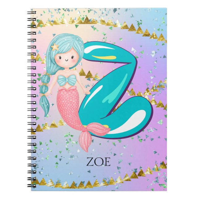 Carnet Lettre Z Monogramme Aquarelle mignonne Sirène (Devant)