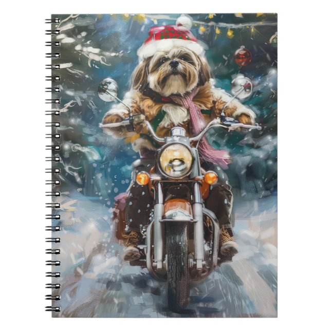 Carnet Lhasa Apso Chien à cheval Moto Noël (Devant)