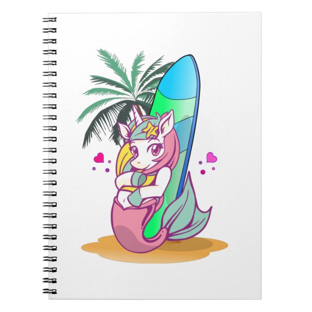 Carnet Licorne avec planche de surf sur la plage (Devant)