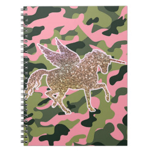 Carnet Licorne Camouflage Vert Rose & Paillettes Dorées