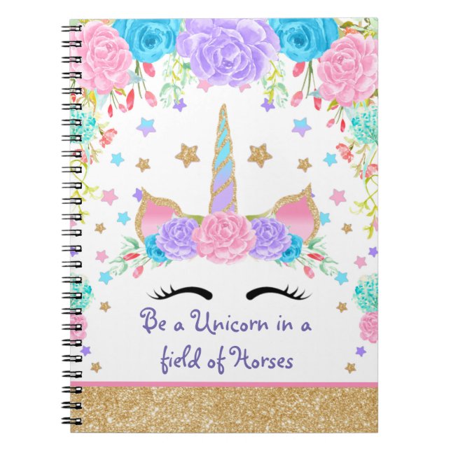 Carnet Licorne florale personnalisée d'aquarelle faite (Devant)