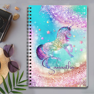 Carnet Licorne mignonne monogramme arc-en-ciel paillettes