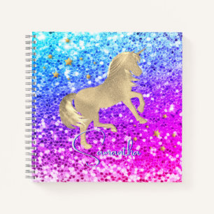 Carnet Licorne mignonne monogramme or arc-en-ciel paillet