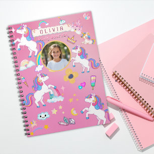 Carnet Licorne Rose Mignonne Arc-en-Ciel Nom Personnalisé