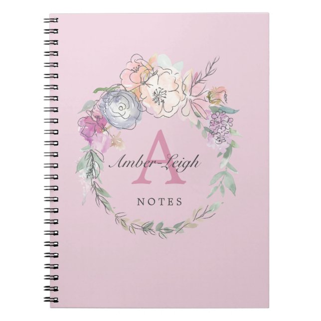 Carnet Lilac Monogram Pastel Floral Line Art Wreath (Devant)