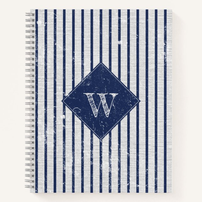 Carnet Lin gris rustique et rayures bleu marine Monogramm (Devant)