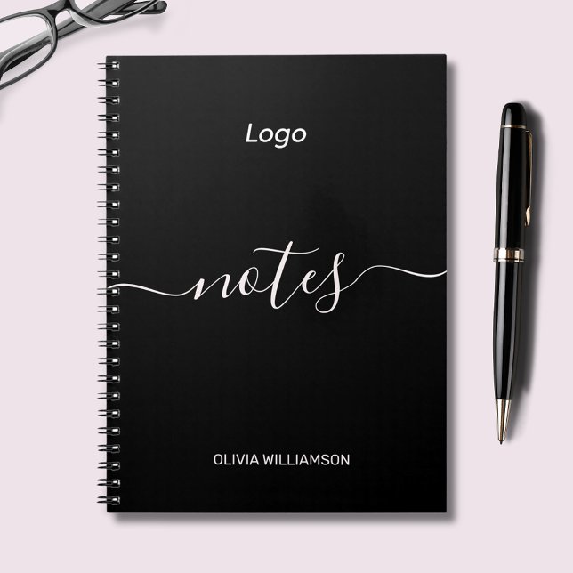 Carnet Logo Black Professionnel (Customizable logo notebook with script 'notes' text.  Add your own name or custom text and own logo.)