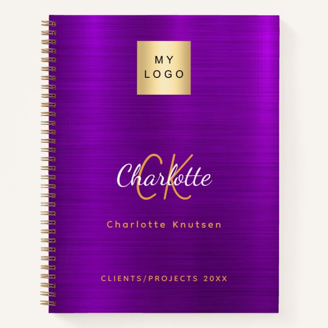 Carnet Logo d'entreprise monogramme doré violet glamour (Devant)
