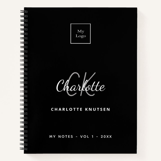 Carnet Logo du nom de monogramme noir blanc entreprise (Devant)