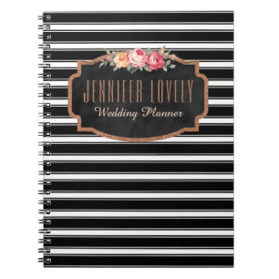 Carnet L'or rose Girly B&W barre   votre monogramme nomm