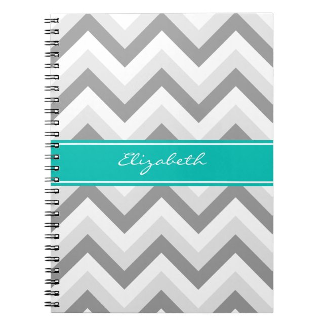 Carnet Lt Grey Med Grey Blanc Chevron Turquoise Nom Monog (Devant)