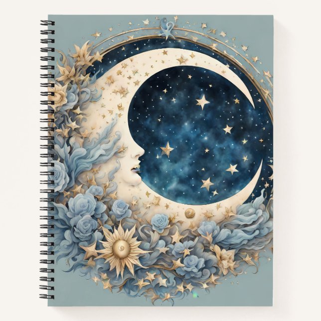 CARNET LUNE ET FLEURS CÉLESTIELLES CRÈME ET BLEUE (Devant)