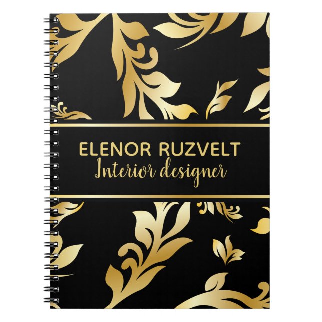 Carnet Lux or noir moderne élégant design floral damé (Devant)